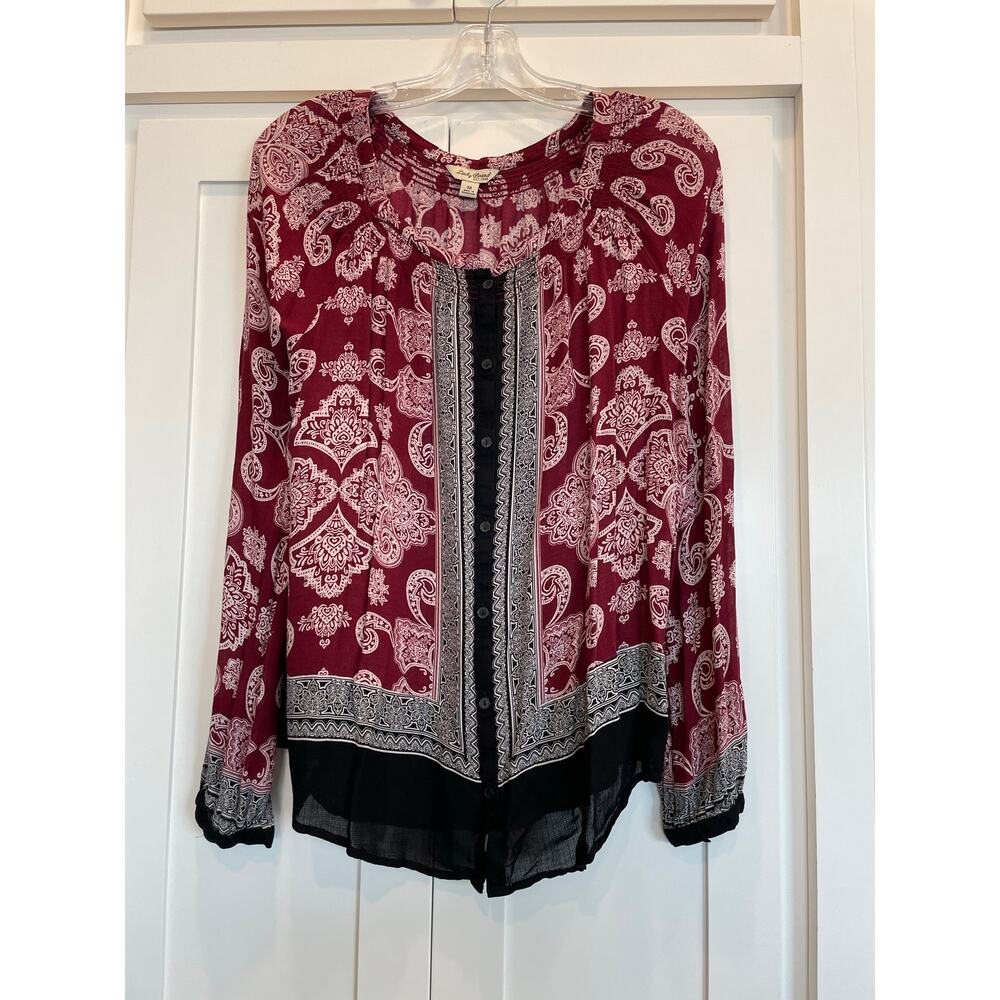 Lucky Brand long sleeve button front blouse red/black geo Med.